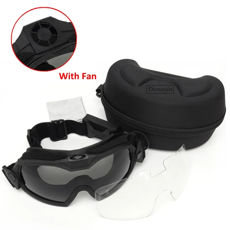 Tactical Glasses with Micro Fan anti Fog Hunting Paintball Transparent Lens Motorcycle Goggle Airsoft Hiking Eyewear