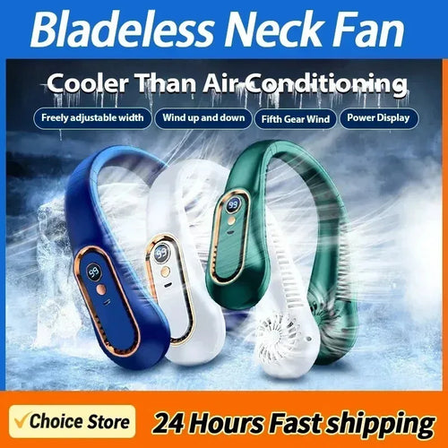 3000Mah Hanging Neck Fan Portable Bladeless Mini USB Rechargeable Mute LED Digital Display Electric Fan Summer Air Cooler ﻿